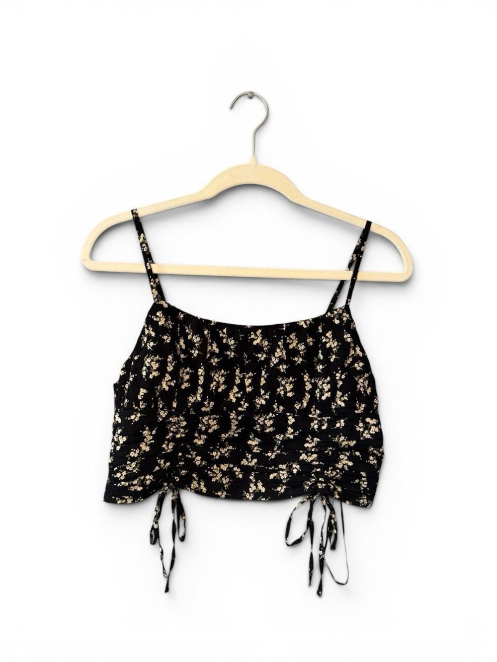 Urban Outfitters Black Daisy Floral Ruched Tie Crop Top Large